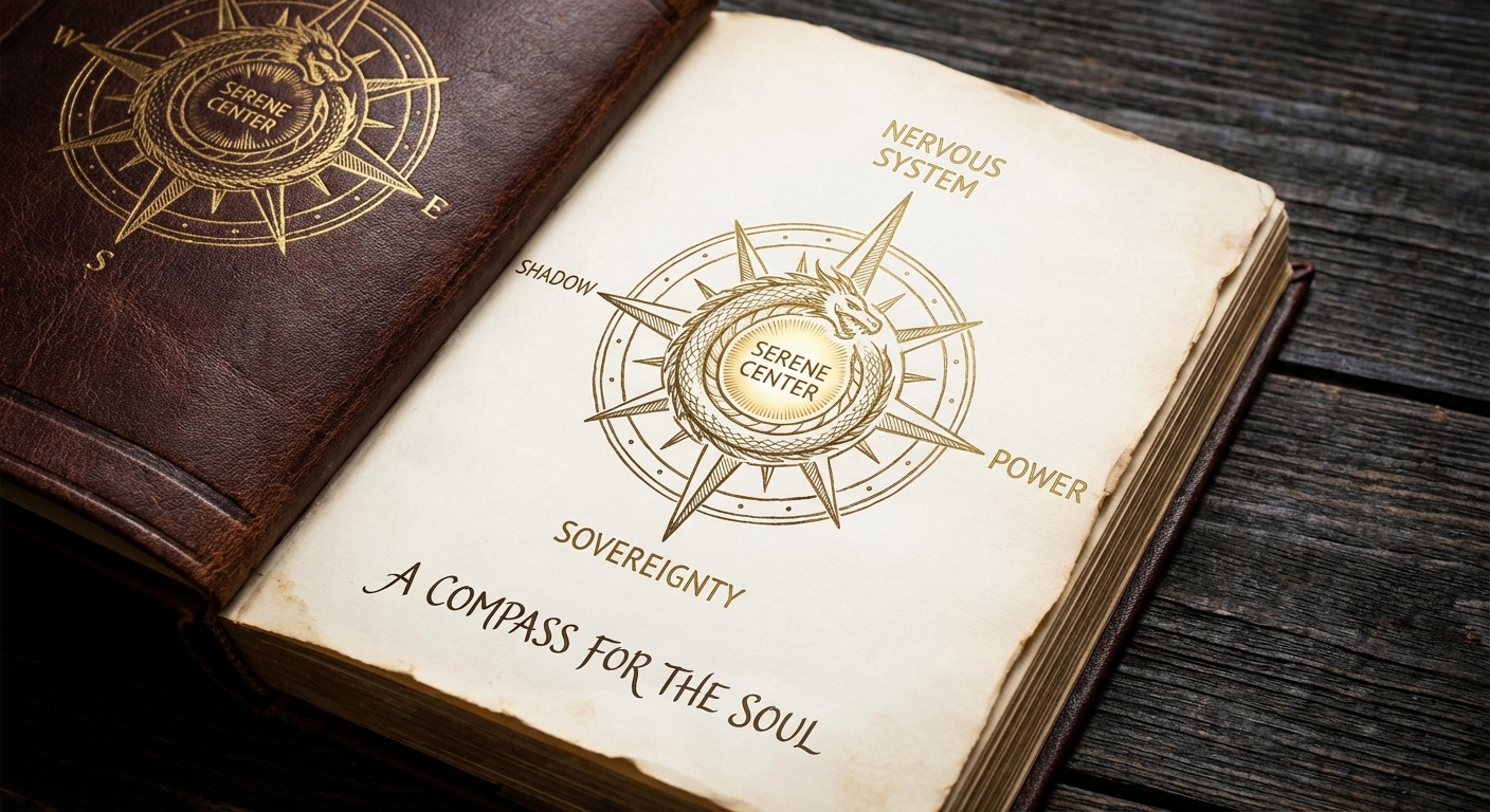 Serene Center compass etched with ouroboros and anchors for nervous system, shadow, sovereignty, and power.